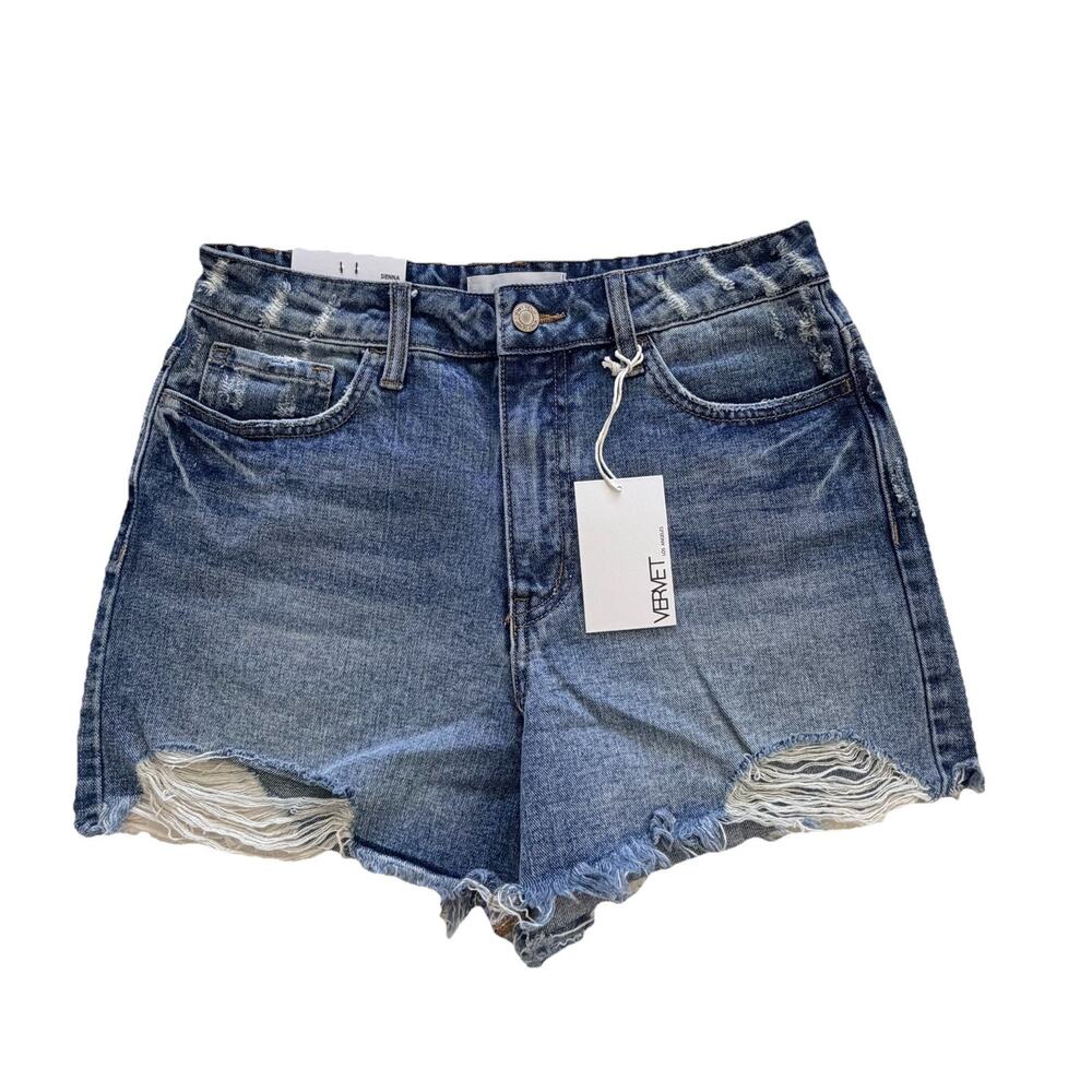 New VERVET Sienna Super High-Rise Denim Medium Wash Shorts S 28 NWT Distressed